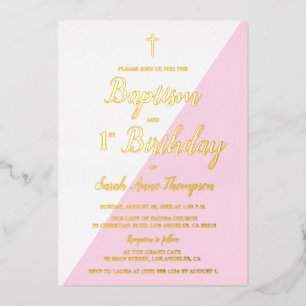 Rosa Taufe 1. Geburtstag Cross metallic Folieneinladung