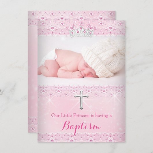Rosa Taufe Baby Foto Girl Tiara Einladung (Vorne/Hinten)