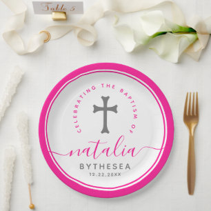 Rosa Taufe Christening Naming Cross Pappteller