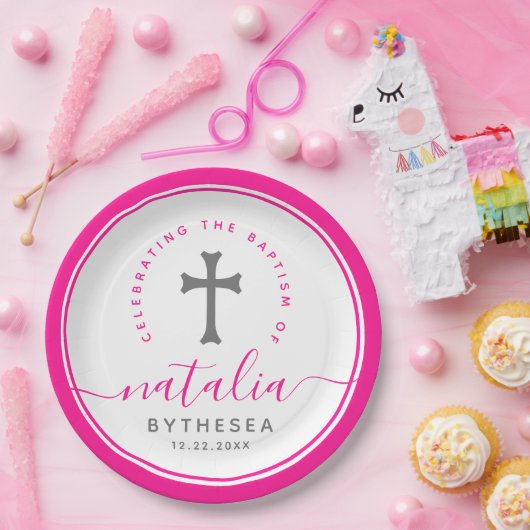 Rosa Taufe Christening Naming Cross Pappteller (Party)
