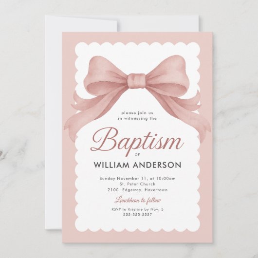 Rosa Taufe Einladung mit Elegant Bow und Klasse (Vorderseite)