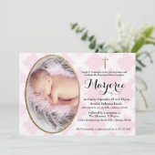 Rosa Taufe Mädchen Foto Gold Cross Einladung (Stehend Vorderseite)