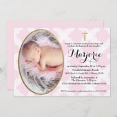 Rosa Taufe Mädchen Foto Gold Cross Einladung (Vorne/Hinten)