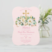 Rosa Taufe mit weißen Blume und Goldkreuz Einladung (Stehend Vorderseite)