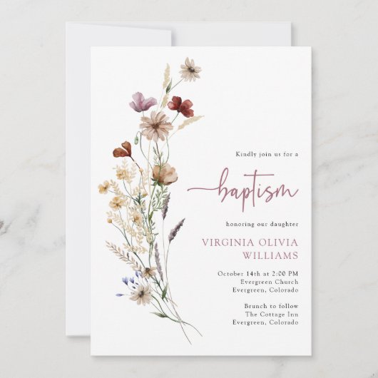 Rosa Taufe Wildblumen Einladung (Vorderseite)