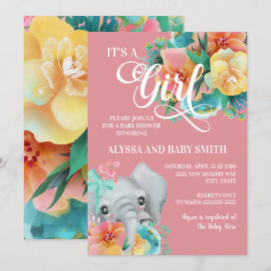 Rosa Teal Gelbe Blumen-Elefanten-Baby-Mädchen-Part Einladung