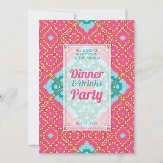 Rosa Teal Gold Boho Chic Abendessen Getränke Party Einladung (Vorderseite)