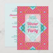 Rosa Teal Gold Boho Chic Abendessen Getränke Party Einladung (Vorne/Hinten)