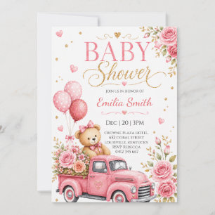 Rosa Teddy-Bär-Baby-Party im Vintage-LKW Einladung