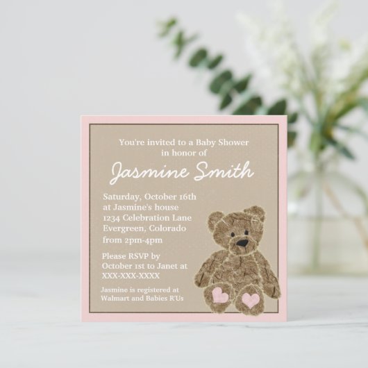 Rosa Teddy Bär Babydusche Einladungen (Stehend Vorderseite)