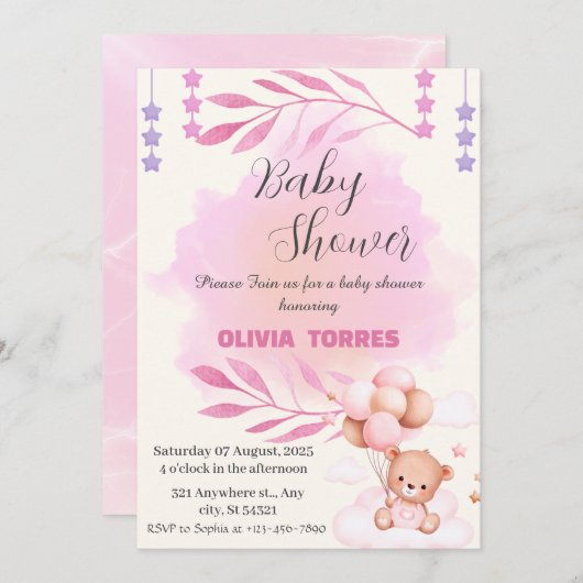Rosa, Teddy Bär, Balloons, Girl Baby Dusche Einladung (Vorne/Hinten)