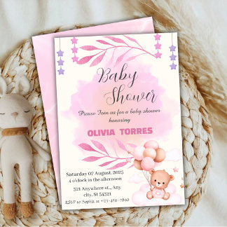 Rosa, Teddy Bär, Balloons, Girl Baby Dusche Einladung