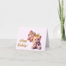 Rosa Teddy Bar Gold Crown Happy Birthday Dankeskarte