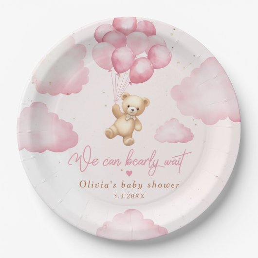 Rosa Teddy Bär Mädchen Dusche können wir warten Pappteller (Vorderseite)