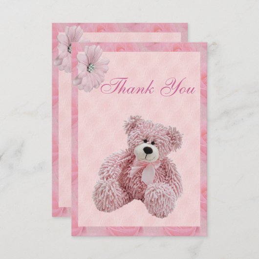 Rosa Teddy-Bär u. Blumen danken Ihnen Baby-Dusche Dankeskarte (Vorne/Hinten)