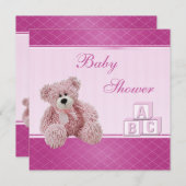 Rosa Teddy-u. Gebäude-Block-Baby-Mädchen-Dusche Einladung (Vorne/Hinten)