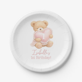 Rosa Teddybär 1. Geburtstag Mädchen Pappteller
