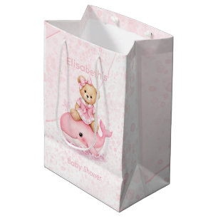 Rosa Teddybär auf Wal Mädchen Baby-Party Mittlere Geschenktüte