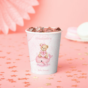 Rosa Teddybär auf Wal Mädchen Baby-Party Pappbecher