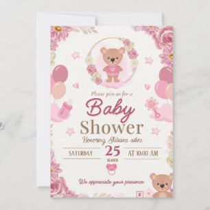 Rosa Teddybär-Baby-Shower-Einladung
