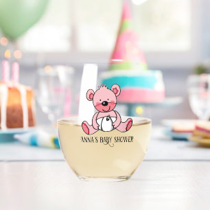 Rosa Teddybär Babydusche (Name) Trinkbehälter Set Weinglas Ohne Stiel