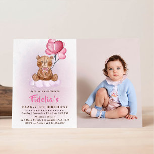 Rosa Teddybär-Ballon-Foto zum ersten Geburtstag Einladung