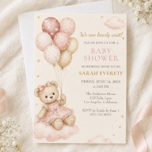 Rosa Teddybär-Ballon-Mädchen-Baby-Party Einladung