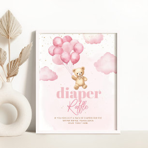 Rosa Teddybär-Balloons Windel-Raffle Poster