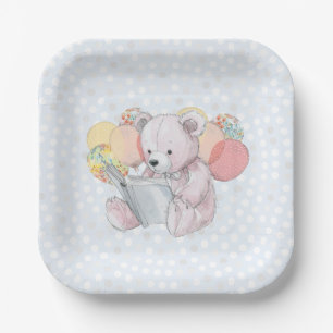 Rosa Teddybär beim Lesen eines Buches Pappteller