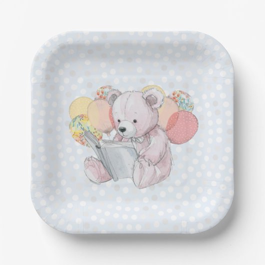 Rosa Teddybär beim Lesen eines Buches Pappteller (Vorderseite)