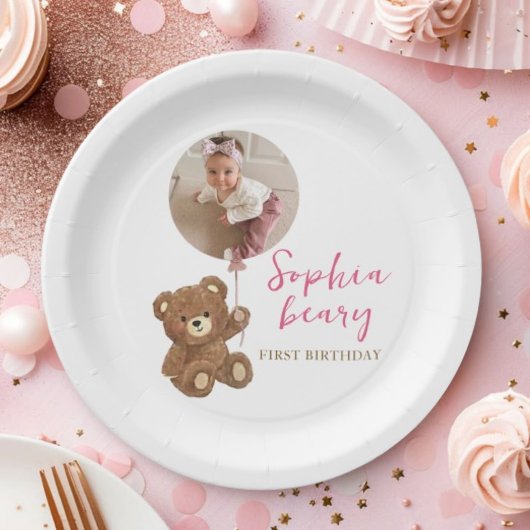 Rosa Teddybär Erster Geburtstag Foto Pappteller