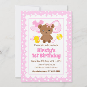 Rosa Teddybär-Kleidung Geburtstagseinladung für Mä Einladung