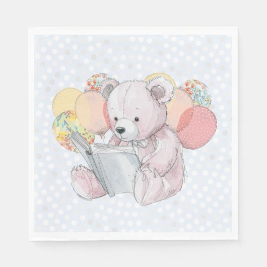Rosa Teddybär liest ein Buch Serviette (Vorderseite)