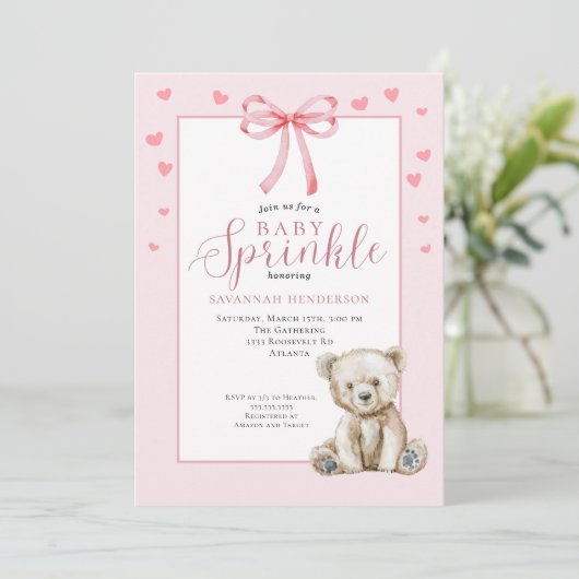 Rosa Teddybär-Mädchen-Sprinkle Einladung (Stehend Vorderseite)