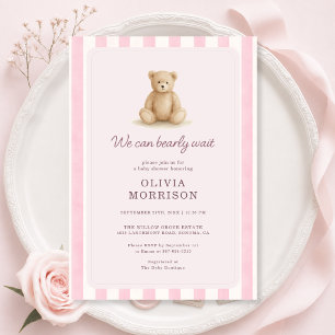Rosa Teddybär Mädchen Streifen Babyparty Einladung