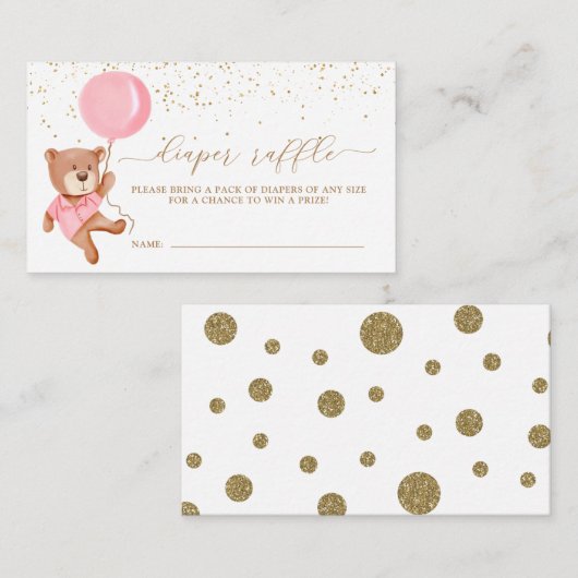 Rosa Teddybär mit Ballon-Windeln-Raffel-Ticket Begleitkarte (Vorne/Hinten)