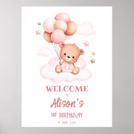 Rosa Teddybär mit Ballons auf Wolken Poster