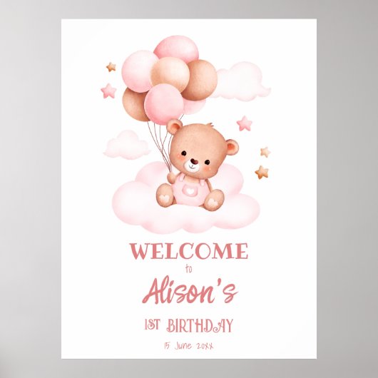 Rosa Teddybär mit Ballons auf Wolken Poster (Vorne)