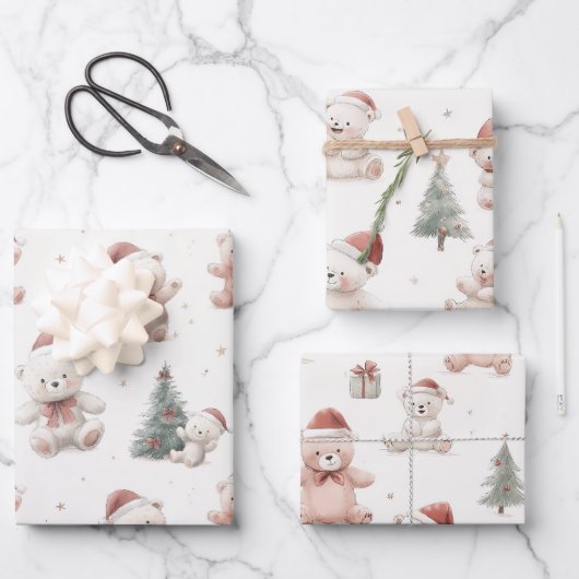 Rosa Teddybär Weihnachten Geschenkpapier Set (Vorderseite)