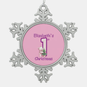 Rosa Teddybären erste Weihnachtsfreude! Schneeflocken Zinn-Ornament