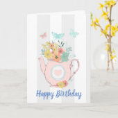 Rosa Teekanne mit Blume & Schmetterlingen Geburtst Karte (Gelbe Blume)
