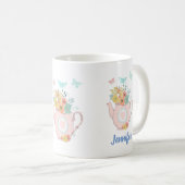 Rosa Teekanne mit Blume und Schmetterlingen Kaffeetasse (VorderseiteRechts)