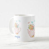 Rosa Teekanne mit Blume und Schmetterlingen Kaffeetasse (Vorderseite Links)