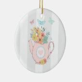 Rosa Teekanne mit Blume und Schmetterlingen Keramik Ornament (Rechts)