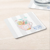 Rosa Teekanne mit Blume und Schmetterlingen Party Rechteckiger Pappuntersetzer (angewinkelt)