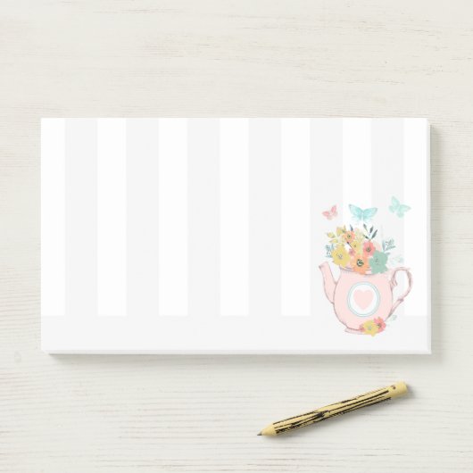 Rosa Teekanne mit Blume und Schmetterlingen Post-it Klebezettel (Auf Schreibtisch)