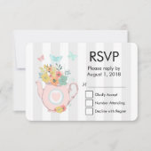 Rosa Teekanne mit Blume und Schmetterlingen UAWG RSVP Karte (Vorderseite)