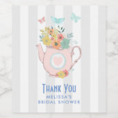 Rosa Teekanne mit Blume und Schmetterlingen Weinetikett (Einzelnes Label)