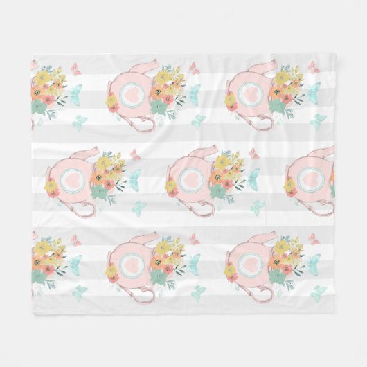 Rosa Teekanne mit Blume und Schmetterlingsmuster Fleecedecke (Vorderseite (Horizontal))