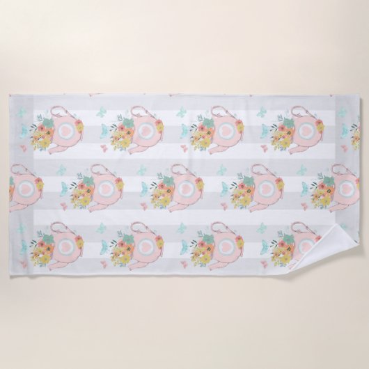 Rosa Teekanne mit Blume und Schmetterlingsmuster Strandtuch (Vorderseite)